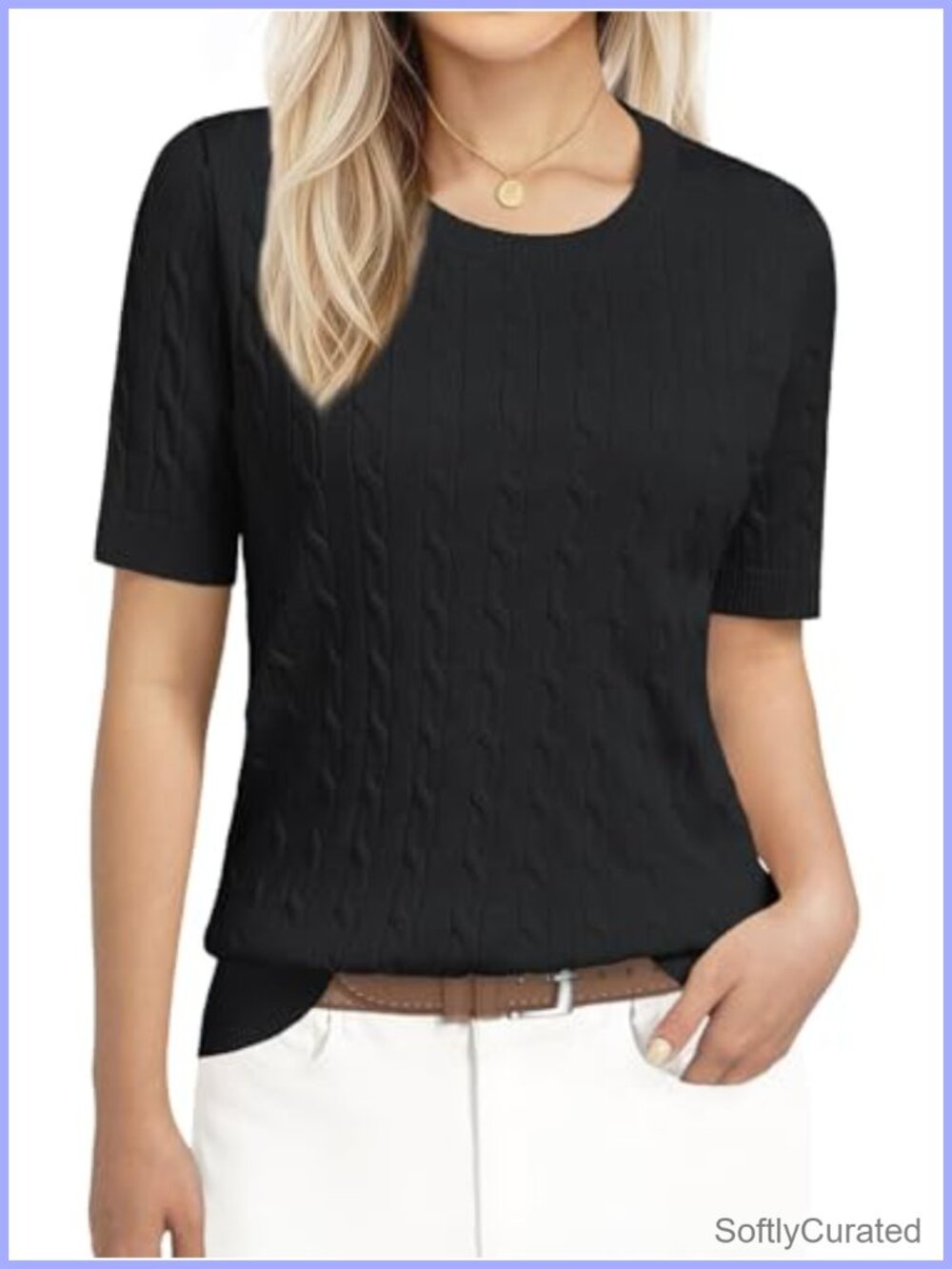 Womens Short Sleeve Cable Knit Sweater Ribbed Pullover Lightweight